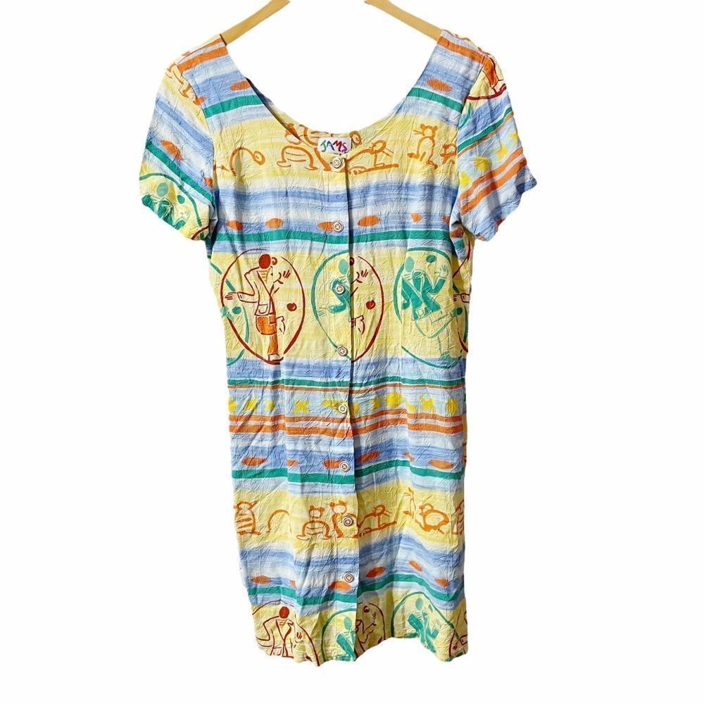 Sz 9 Vintage Dance Man Button Front Dress Hawaiian Jams World Crushed Rayon
